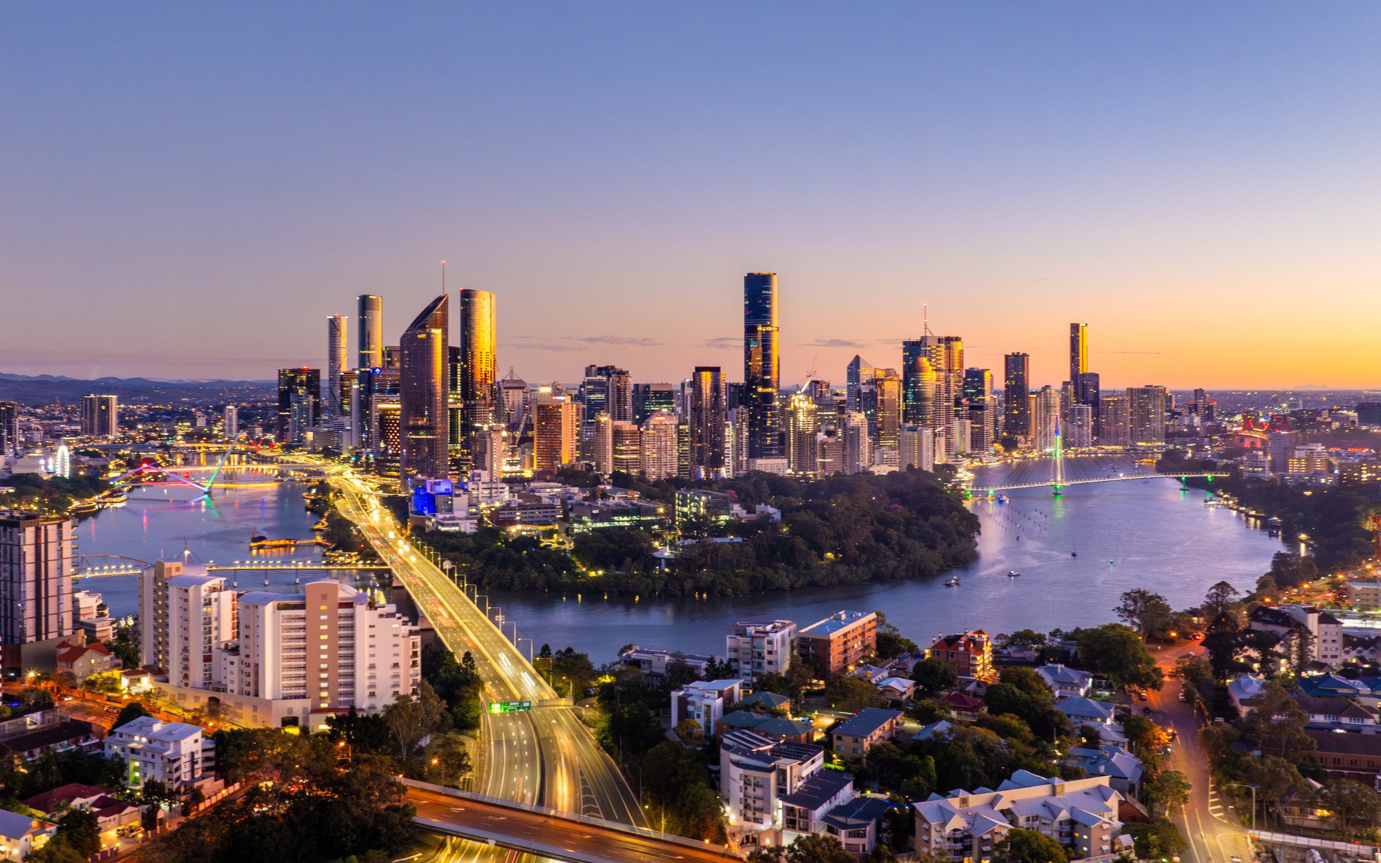 Drone view of Brisbane CBD at night